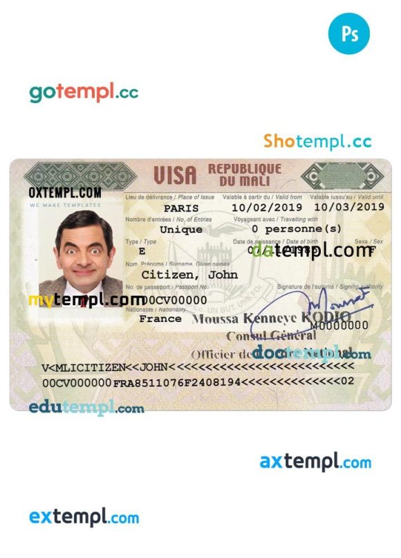 Malian entry visa PSD example, completely editable, with fonts