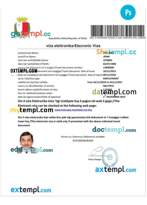 Maltese electronic visa PSD example, fully editable