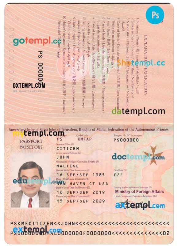 Maltese passport example in PSD format, 2019 - present