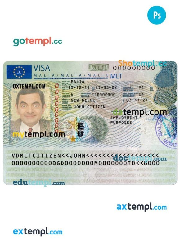Maltese travel visa example in PSD format, version 2