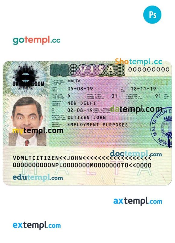 Maltese entry visa PSD example, fully editable