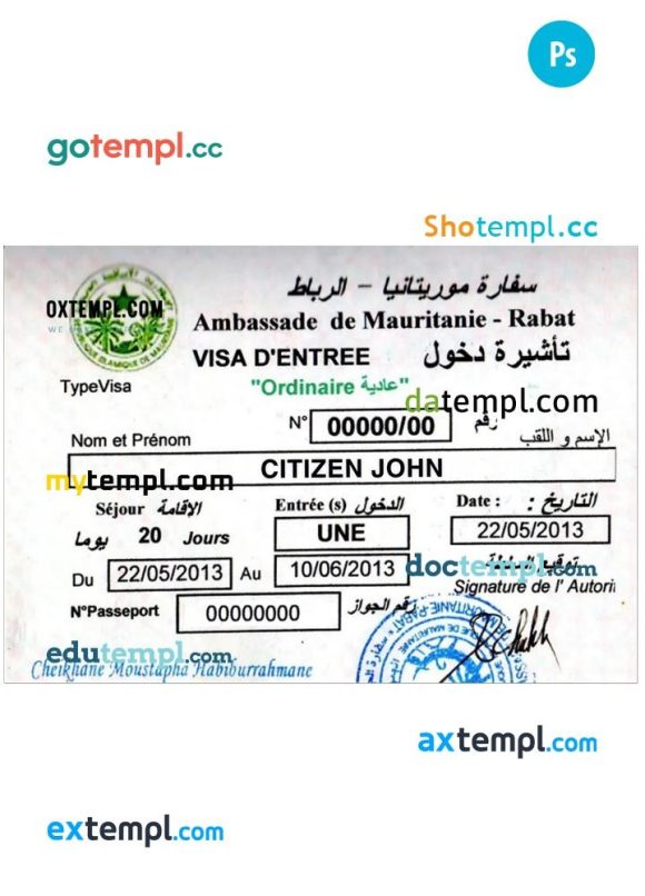 Mauritanian - Rabat travel visa PSD example, completely editable