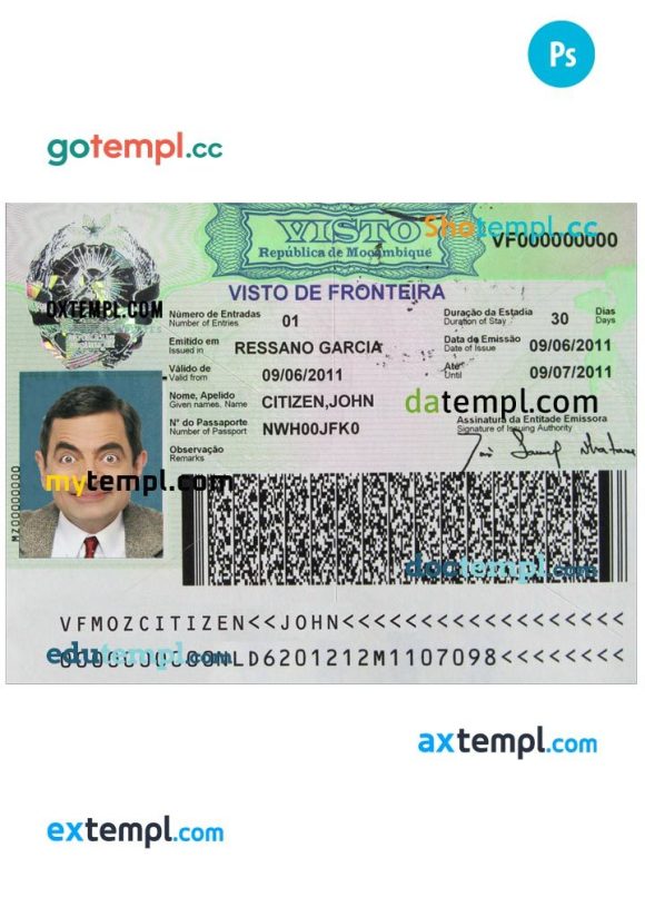 Mozambican entry visa PSD example, with fonts