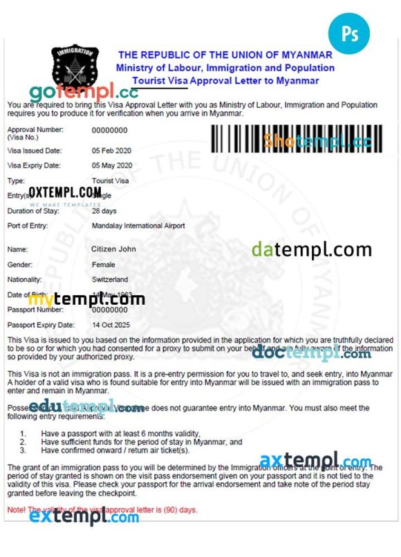 Myanma electronic tourist visa PSD example, fully editable