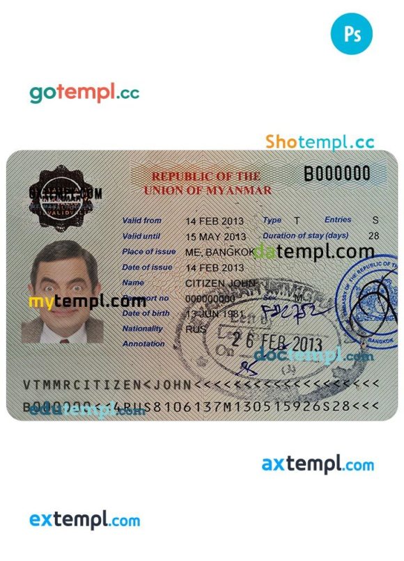 Myanma travel visa PSD example, completely editable, with fonts