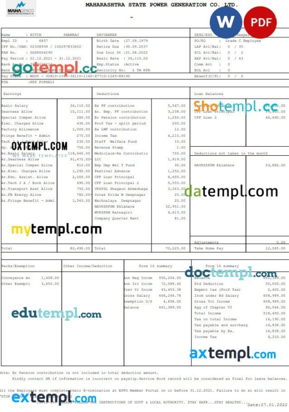 Maharashtra State Power Generation Co. Paystub Word and PDF example