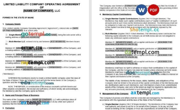 Maine LLC Operating Agreement Word example, fully aditable