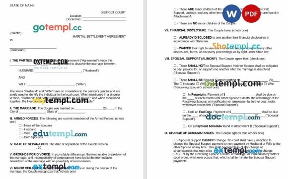 Maine Marital Settlement Agreement Word example, fully aditable