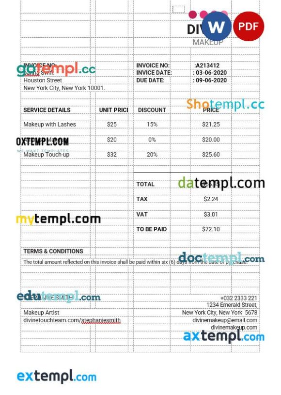 Makeup Artist Invoice example in word and pdf format