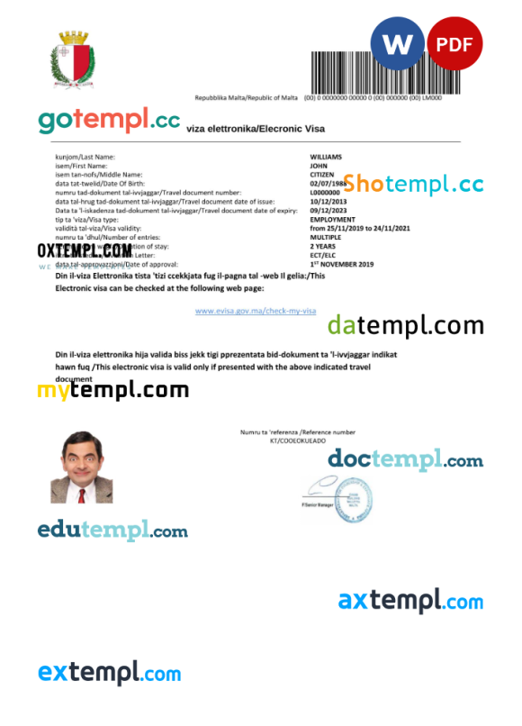 Maltese e-visa Word and PDF example, fully editable