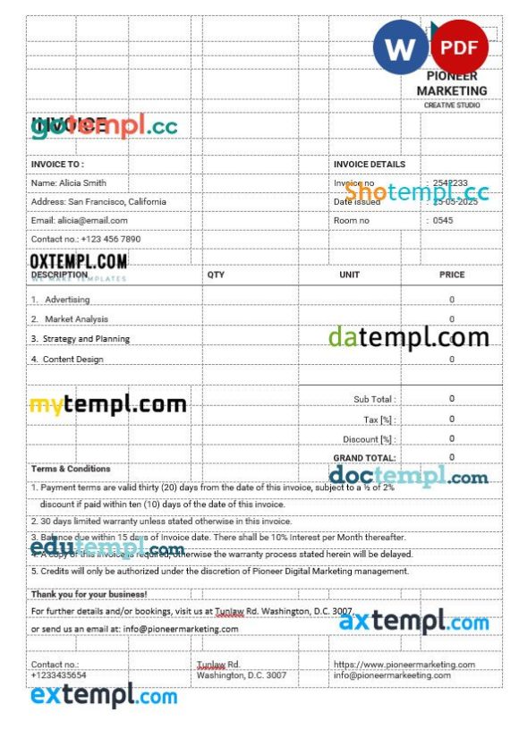 Marketing Agency Invoice Template example in word and pdf format