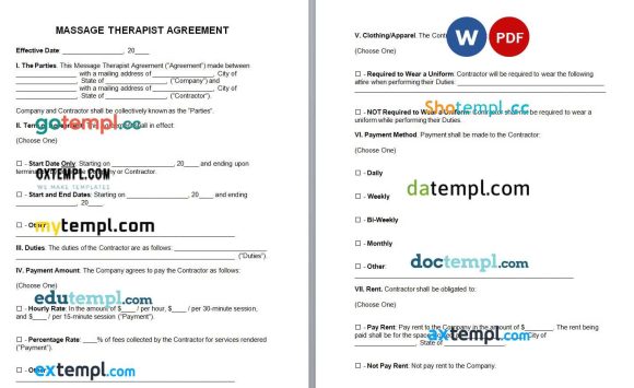 Massage Therapist Agreement Word example, fully editable