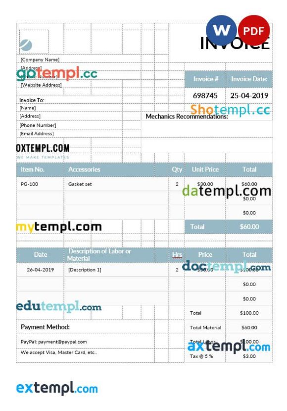 Mechanic Invoice example in word and pdf format