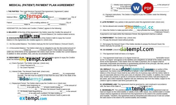 Medical Patient Payment Plan Agreement Word example, fully editable