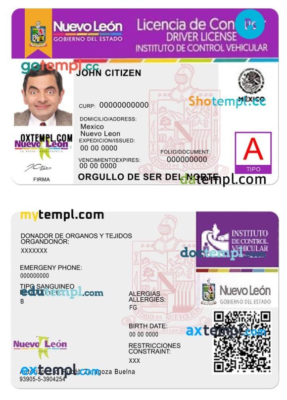 Mexican Nuevo Leon driver license PSD template