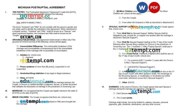 Michigan Postnuptial Agreement Word example, fully aditable