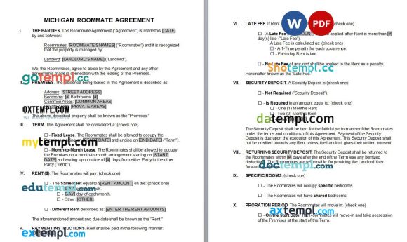 Michigan Roommate Agreement Word example, fully editable