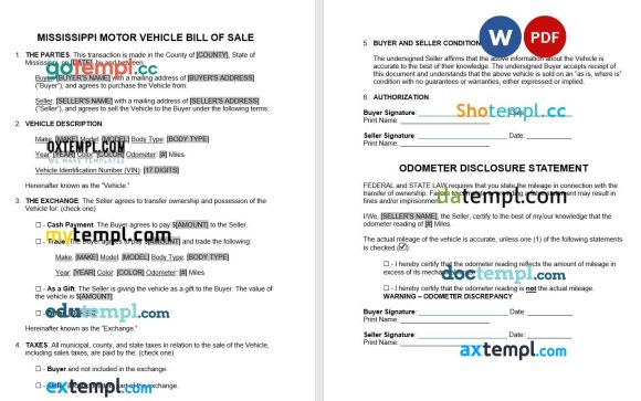 Mississippi Motor Vehicle Bill of Sale example, fully editabl