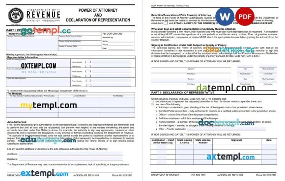 Mississippi Tax Power of Attorney Form example, fully editable