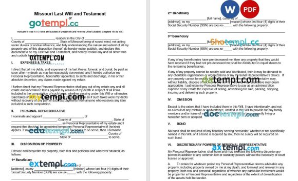 Missouri Last Will and Testament example, fully editable