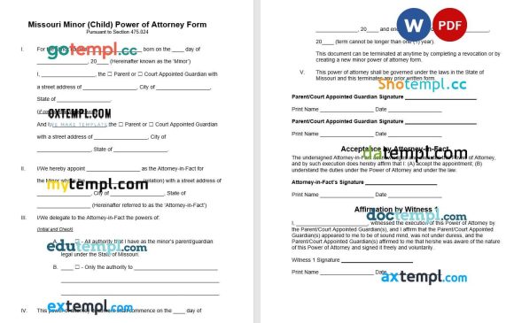 Missouri Minor Child Parental Power of Attorney example, fully editable