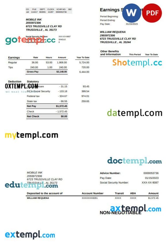Mobile INK earnings statement Word and PDF example