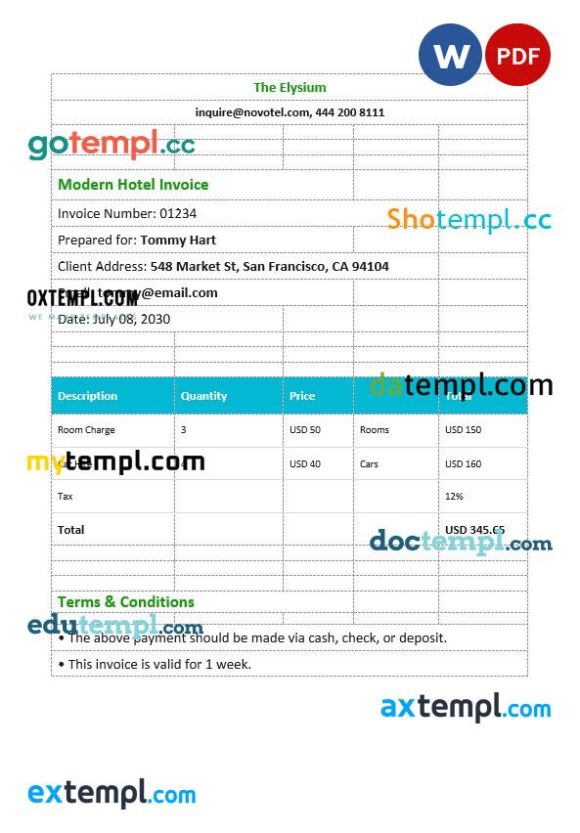 Modern Hotel Invoice example in word and pdf format