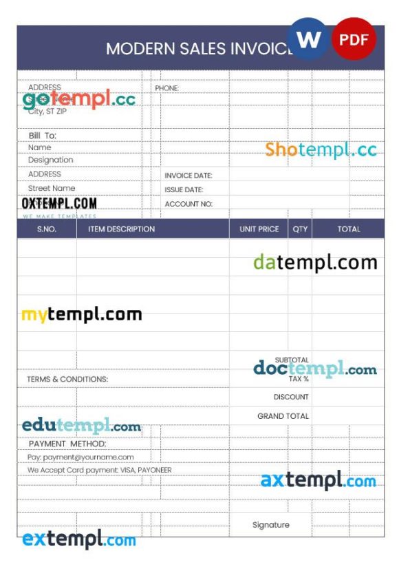 Modern Sales Invoice example in word and pdf format