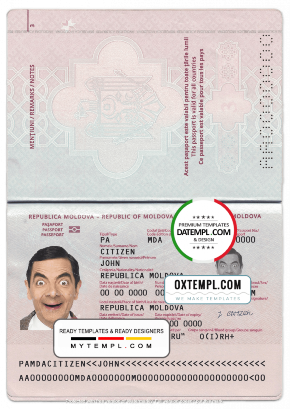 Moldovan passport example in PSD format, fully editable (2014 - present)