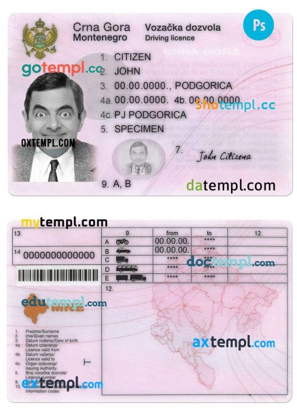 Montenegro driver license PSD template