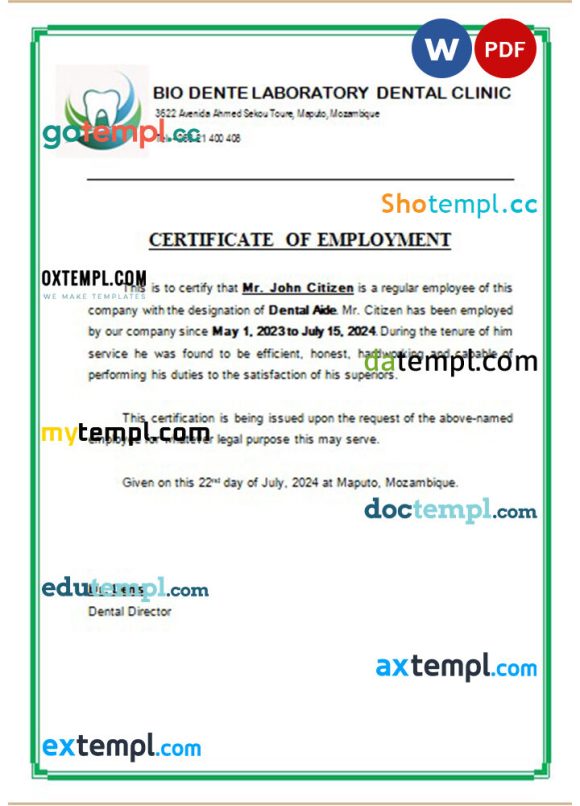 Mozambique Biodente Laboratory Dental Clinic certificate of employment Word and PDF download template