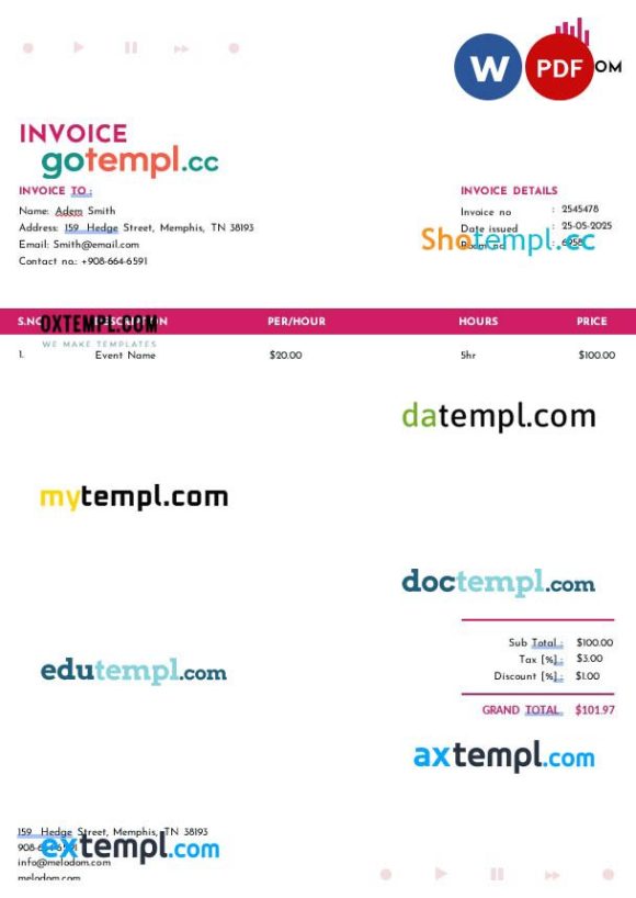 Music Festival Invoice example in word and pdf format