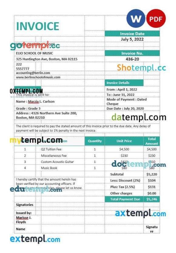 Music School Invoice example in word and pdf format