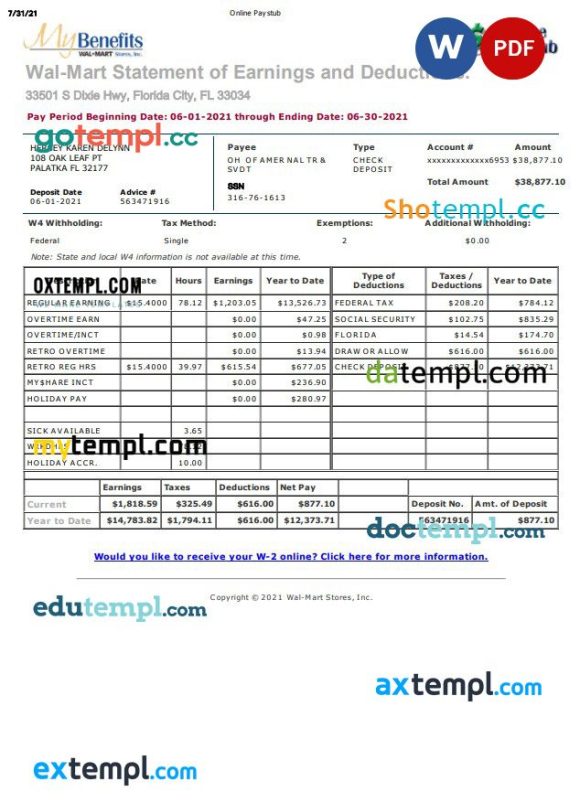My Benefits Wal-Mart earnings statement Word and PDF example