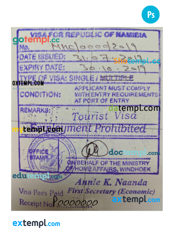Namibian tourist visa stamp PSD example, with fonts