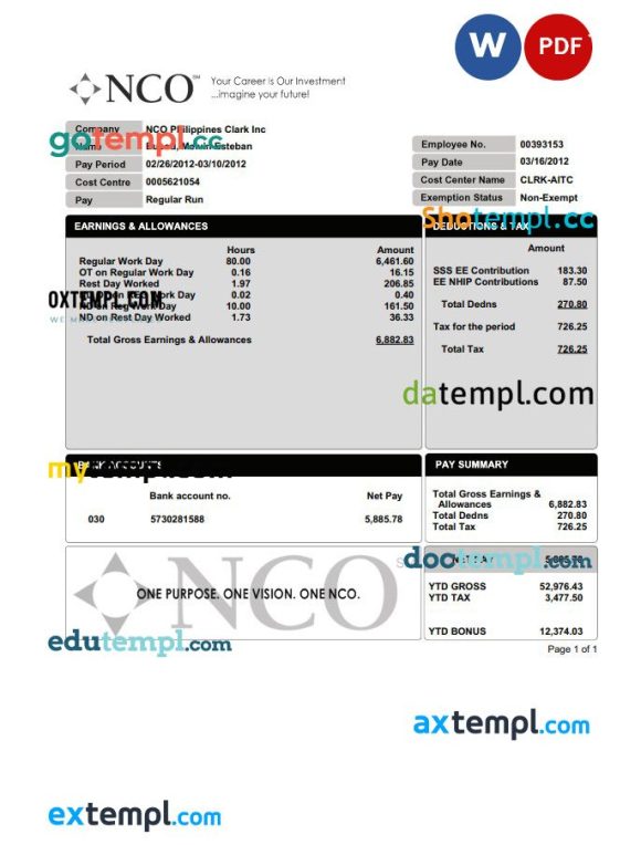 NCO paystub Word and PDF example
