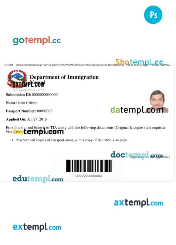 Nepali electronic tourist visa PSD example, fully editable