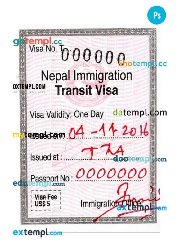 Nepali immigration transit visa example in PSD format