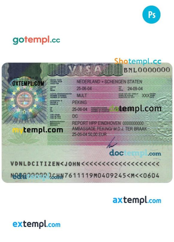 Dutch travel visa PSD example, completely editable, with fonts
