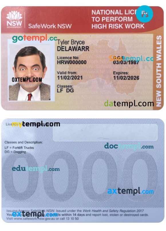 Australian NSW national license to perform high risk work example in PSD format, with all fonts