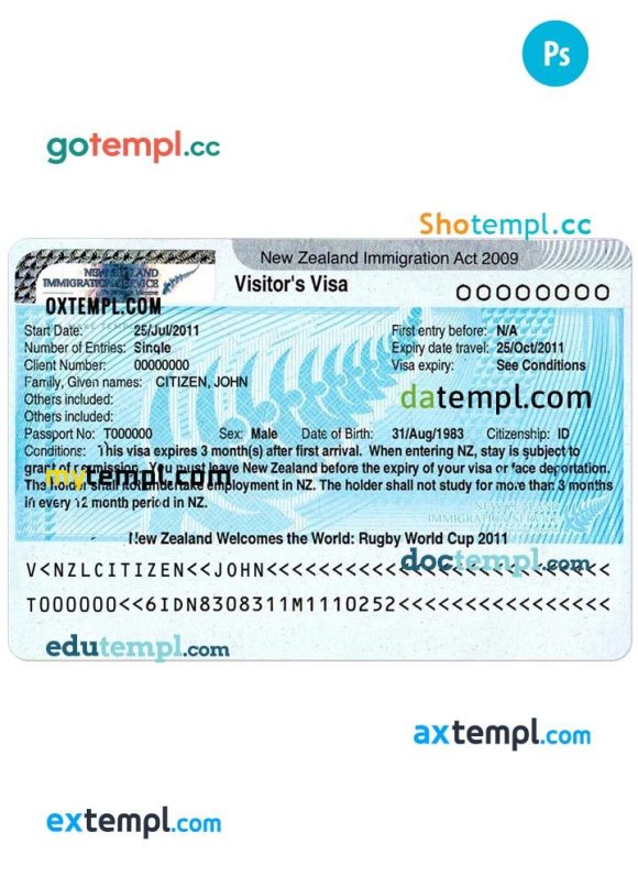 New Zealand tourist entry visa PSD example, with fonts