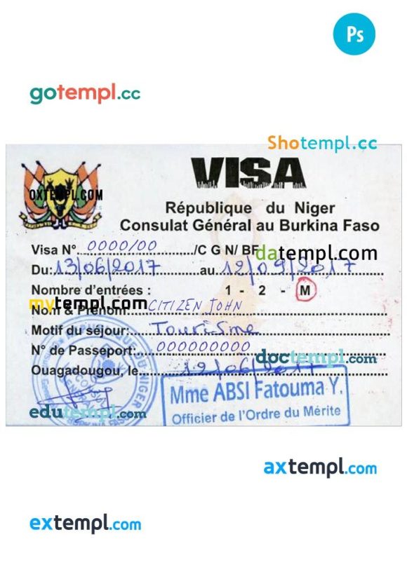 Nigerien travel visa PSD example, with fonts