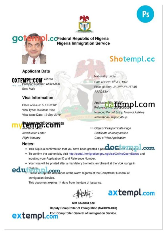 Nigerienia electronic travel visa PSD example, completely editable, with fonts