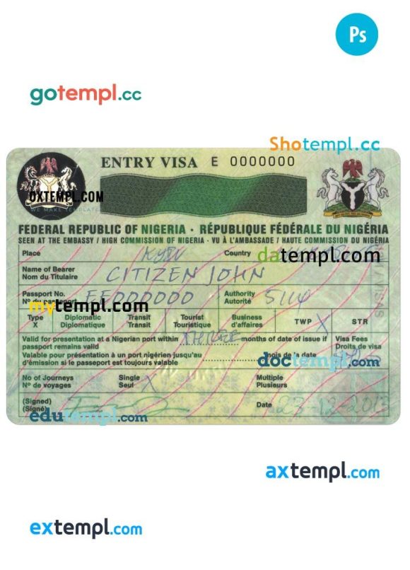 Nigerienia entry visa PSD example, fully editable