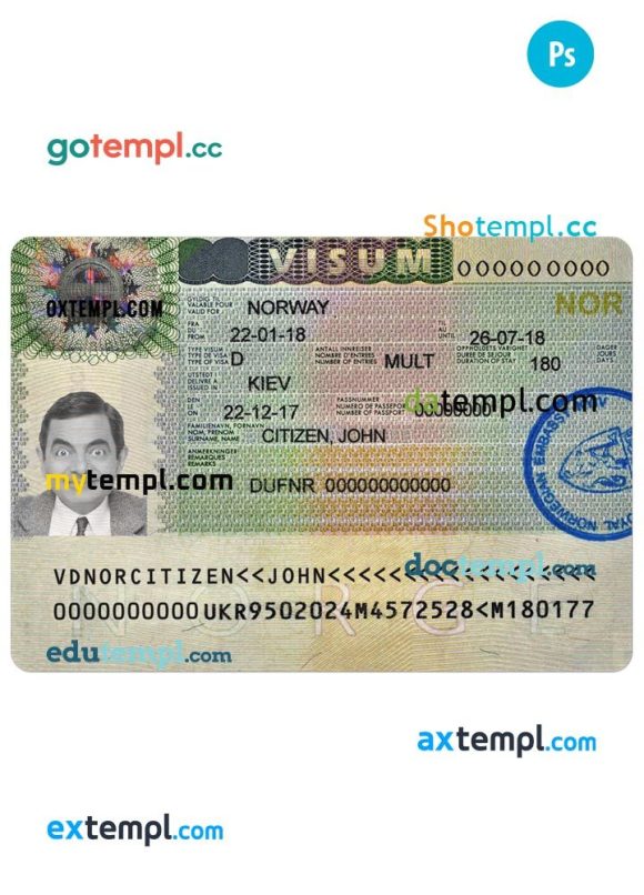 Norwegian travel visa PSD example, fully editable
