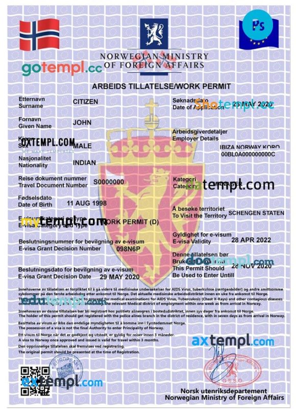 Norwegian work permit, e-visa PSD example, completely editable, with fonts