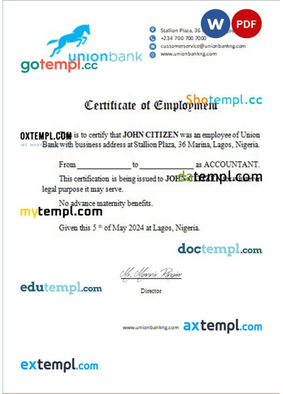 Nigeria Union Bank certificate of employment Word and PDF download template