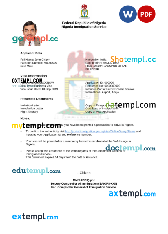 Nigerienia e-visa Word and PDF example