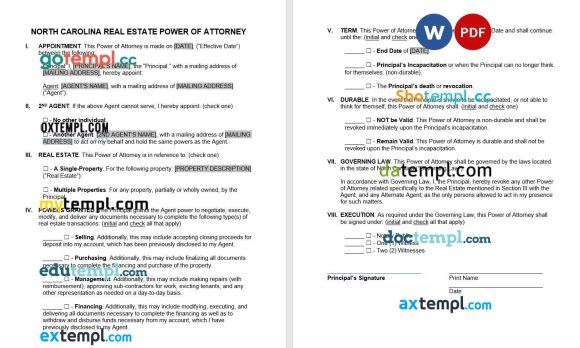 North Carolina Real Estate Power of Attorney Form example, fully editable
