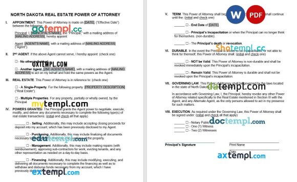 North Dakota Real Estate Power of Attorney Form example, fully editable